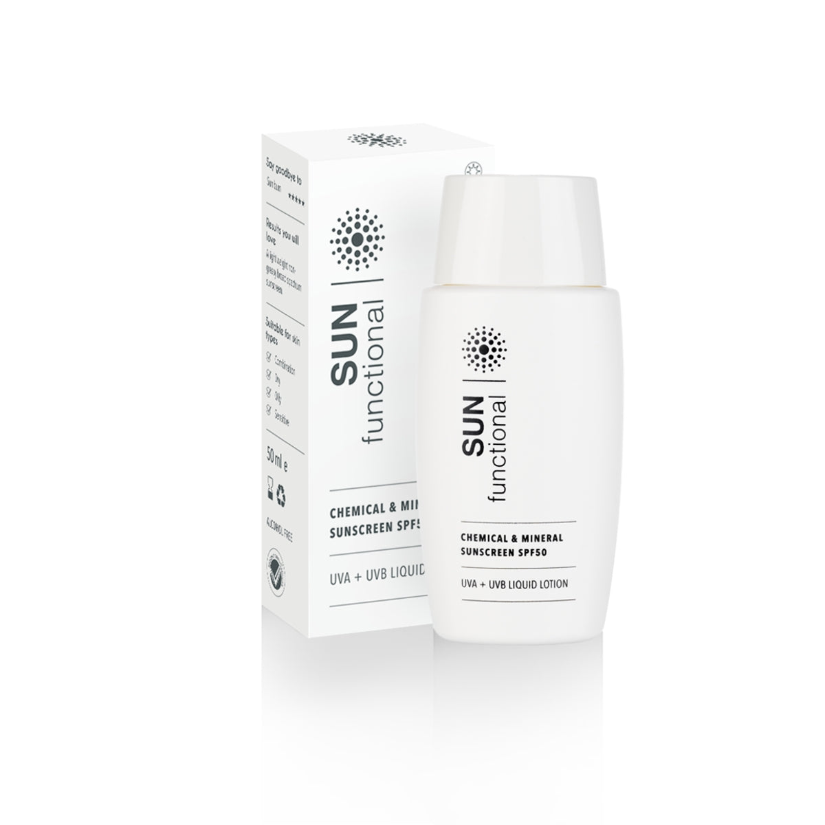 Sunscreen bottle and packaging with 'SUN functional' branding on a white background