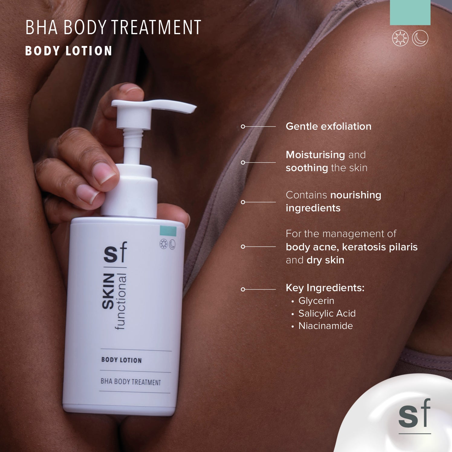 BHA body treatment lotion being held by a person with product details on a light background