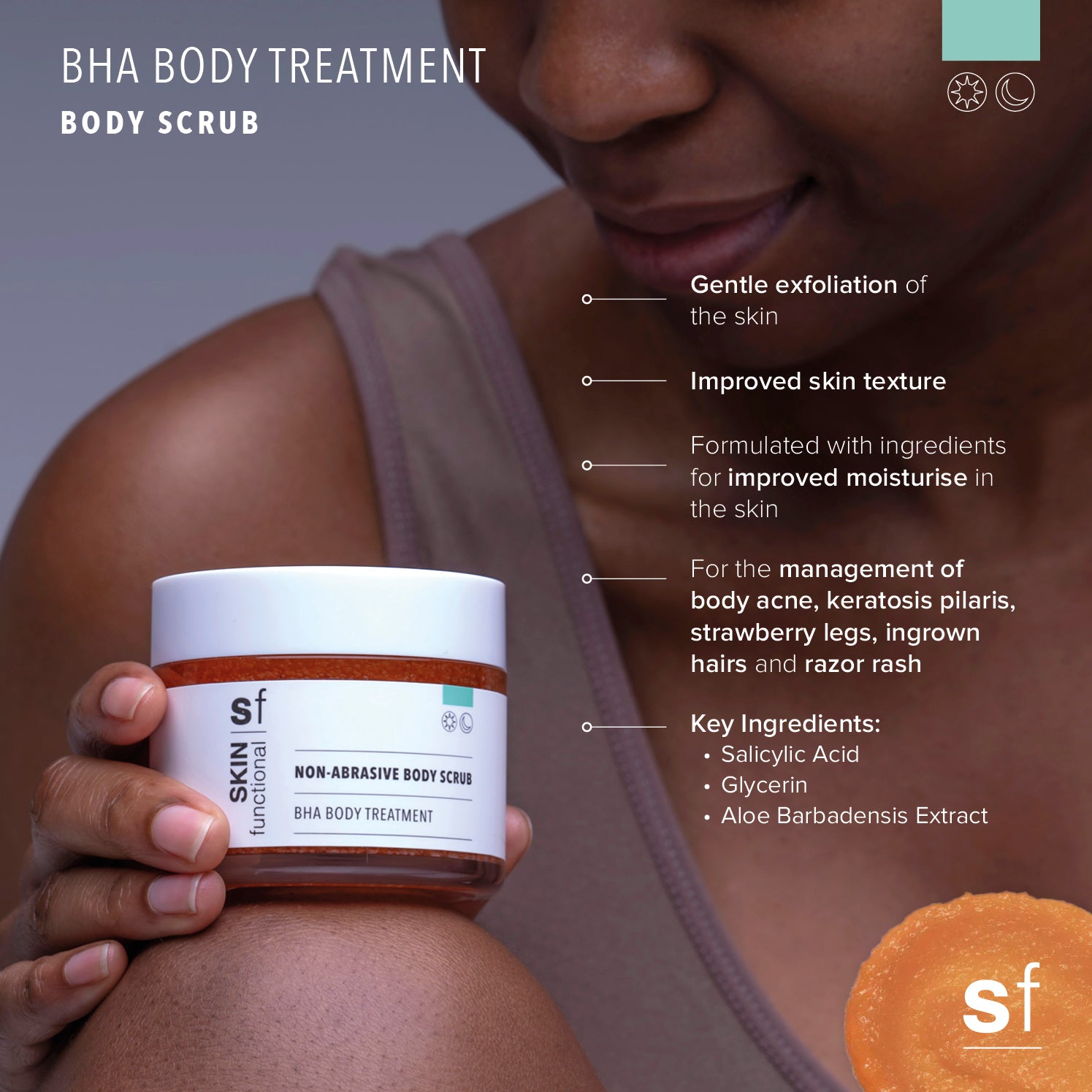 Person holding a jar of BHA body scrub with product details on a gray background