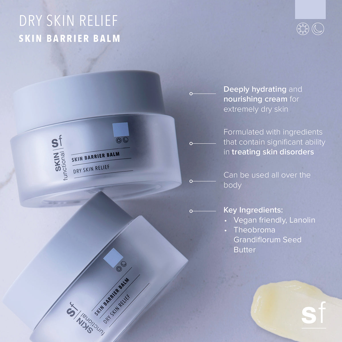 Skin barrier balm packaging with product details on a light gray background