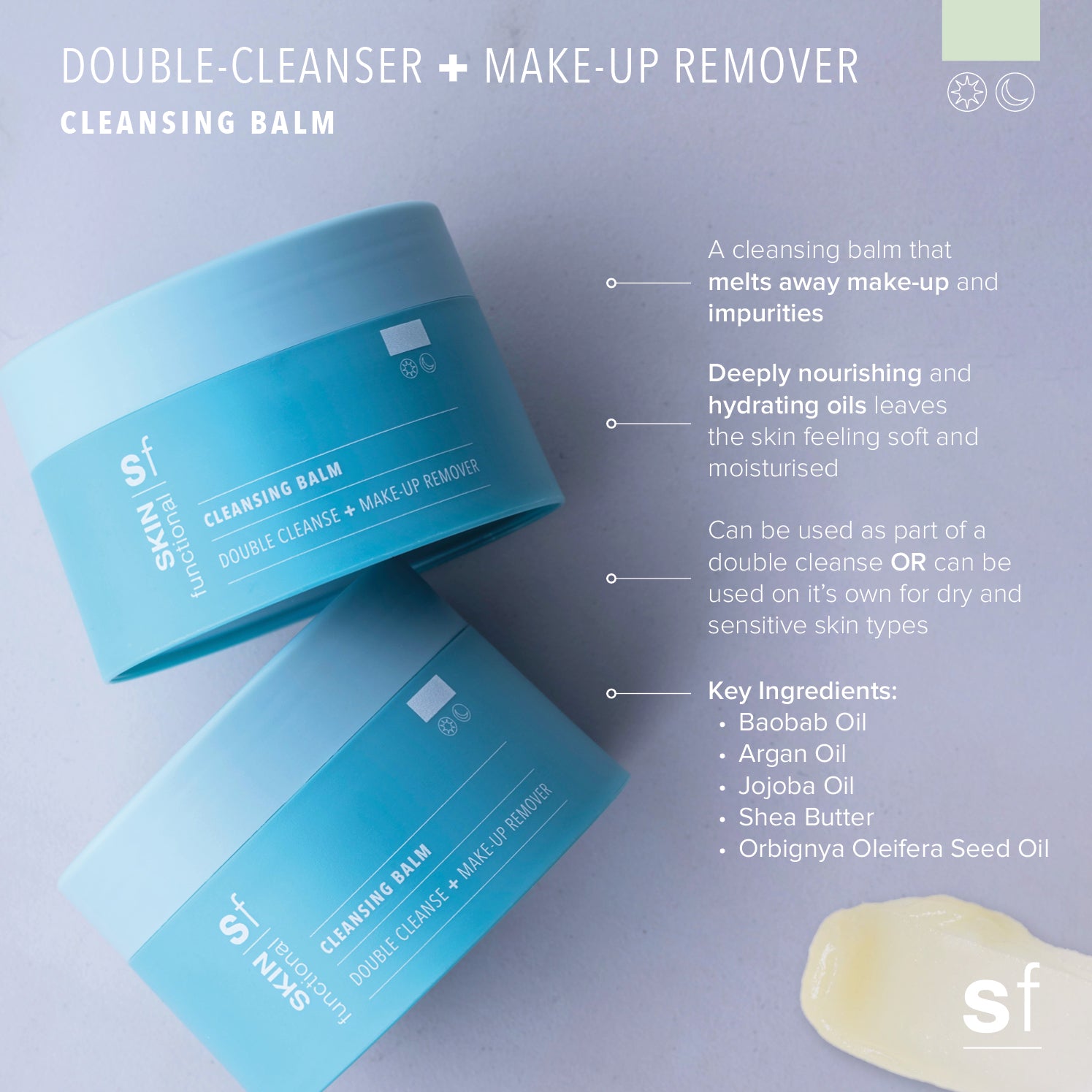 Blue cleansing balm container with product details on a light purple background