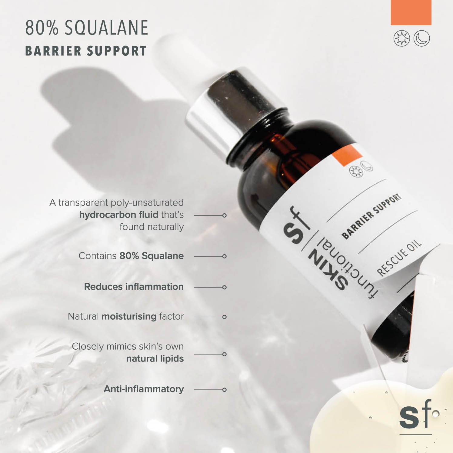 SKIN Functional carrier support skin treatment with details skincare product on a grey background