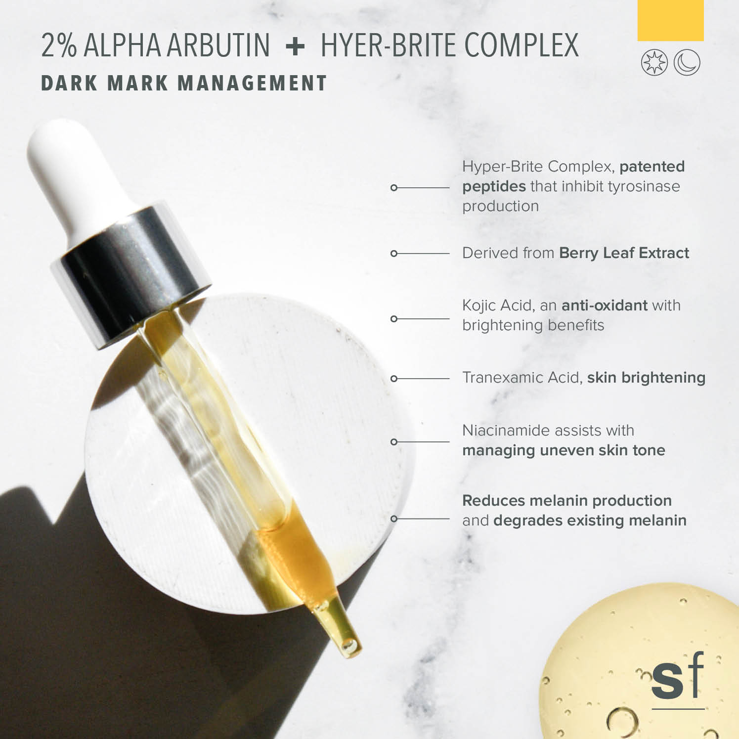 Skincare dropper with ingredients listed on a marble background