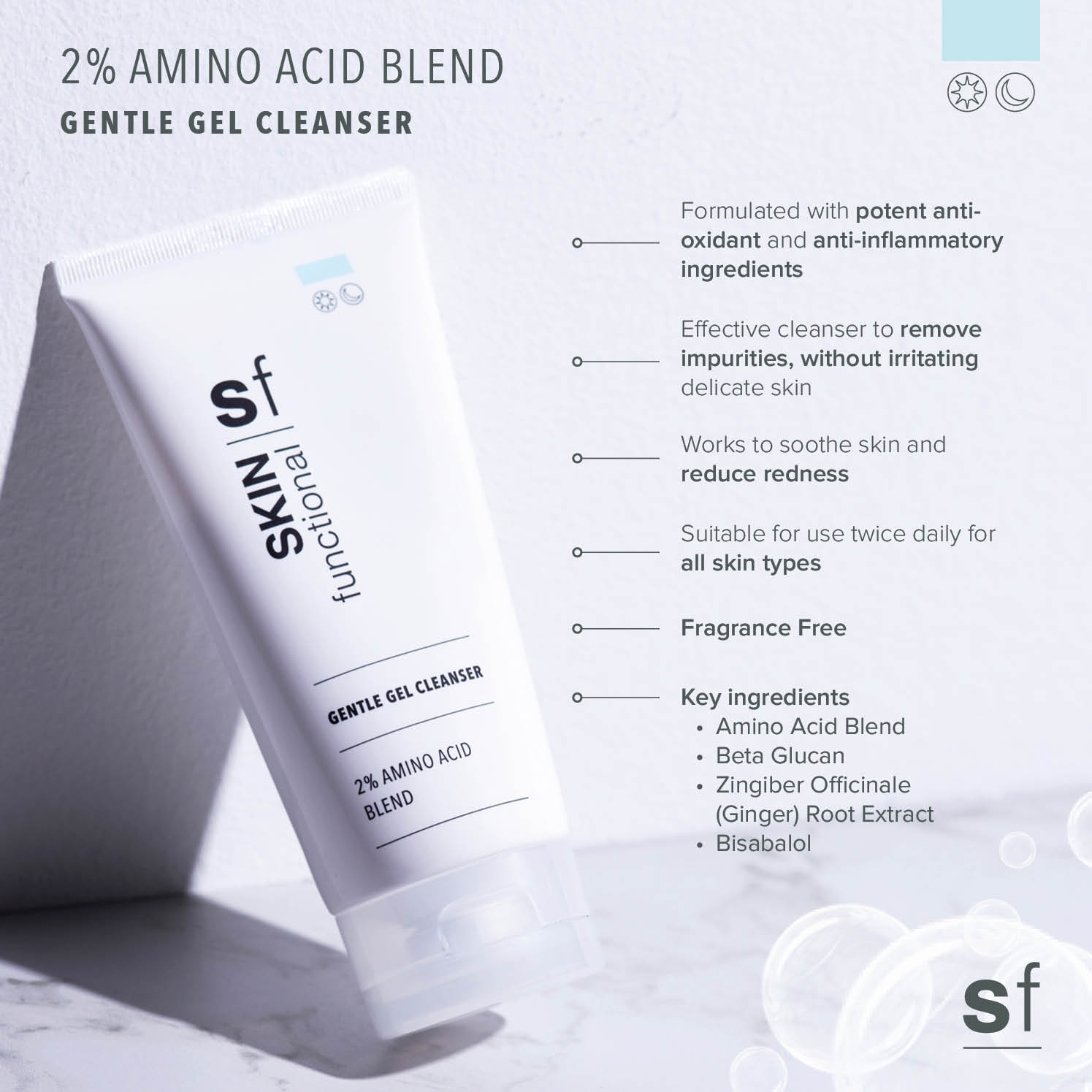 SKIN Functional Gentle Gel Cleanser with product details skincare product on a light gray background