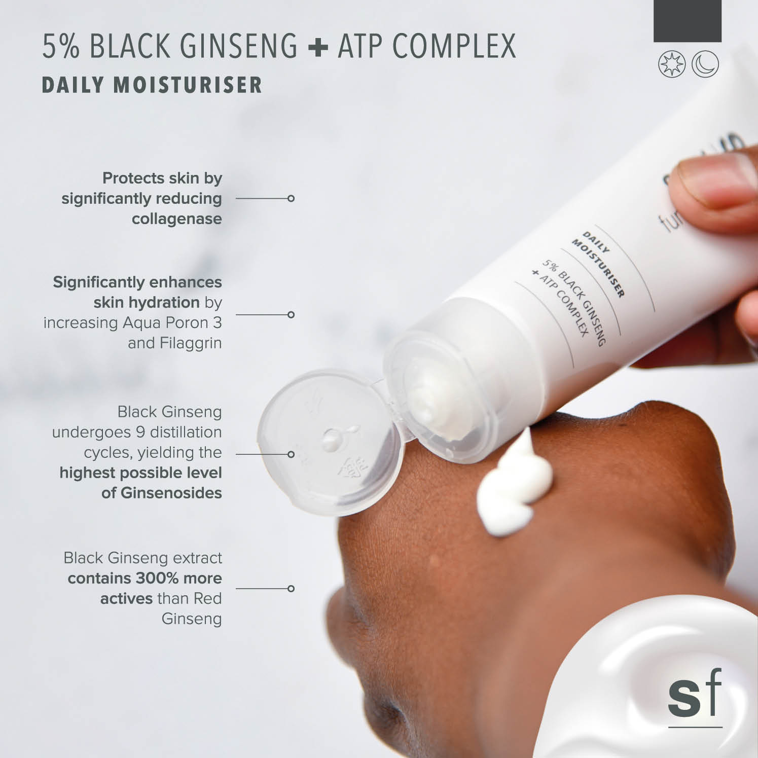 SKIN Functional daily moisturiser with details skincare product on a grey background