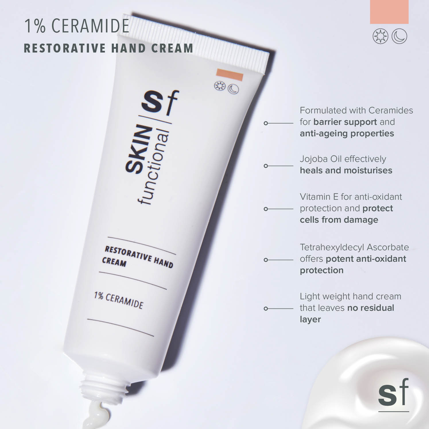 SKIN Functional Restorative Hand Cream with details skincare product on a light gray background