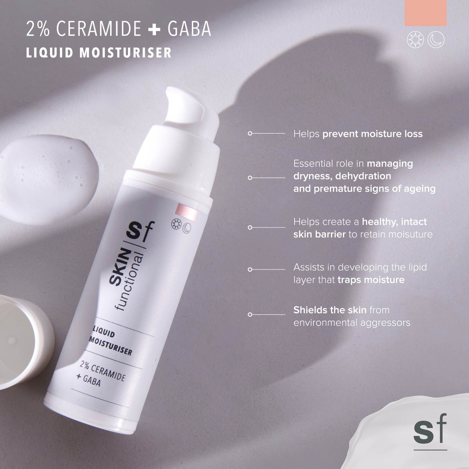 SKIN Functional liquid moisturiser with details skincare product on a grey background