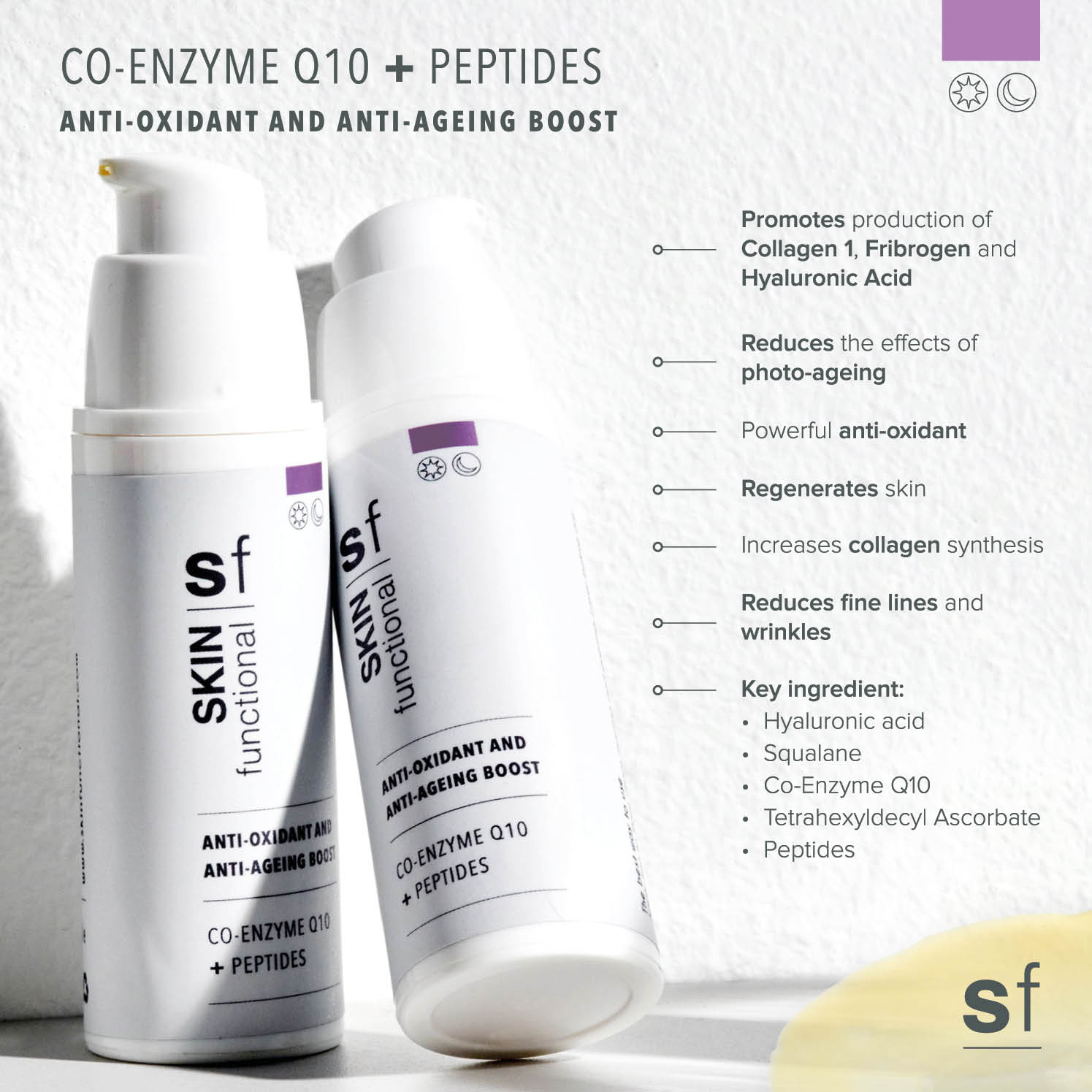 SKIN Functional Anti-Oxident and Anti-Ageing Boost with product details skincare product on a light gray background