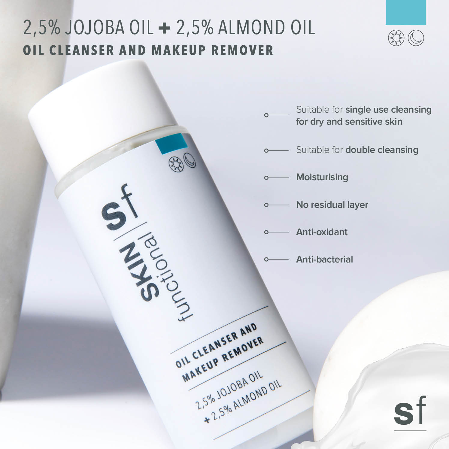 SKIN Functional Oil Cleanser and Makeup Remover with details skincare product on a light gray background
