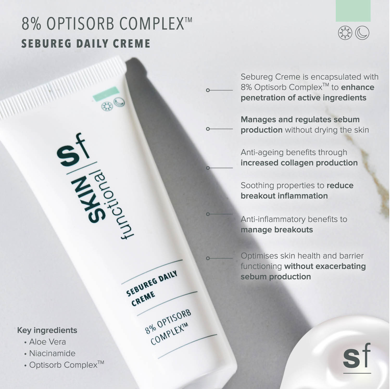 SKIN Functional Sebureg Daily Creme with product details skincare product on a light gray background