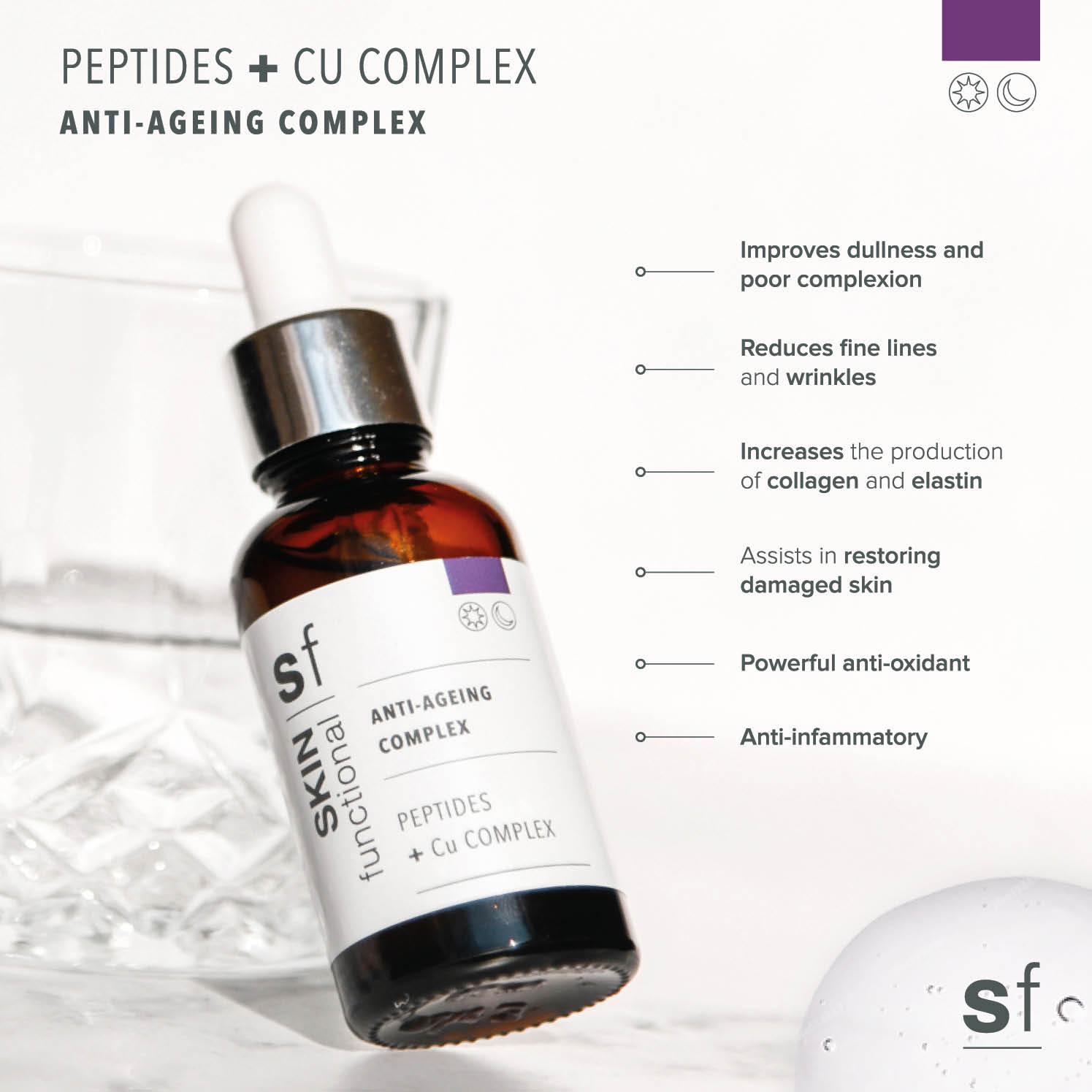 SKIN Functional anti-ageing complex treatment with details skincare product on a grey background