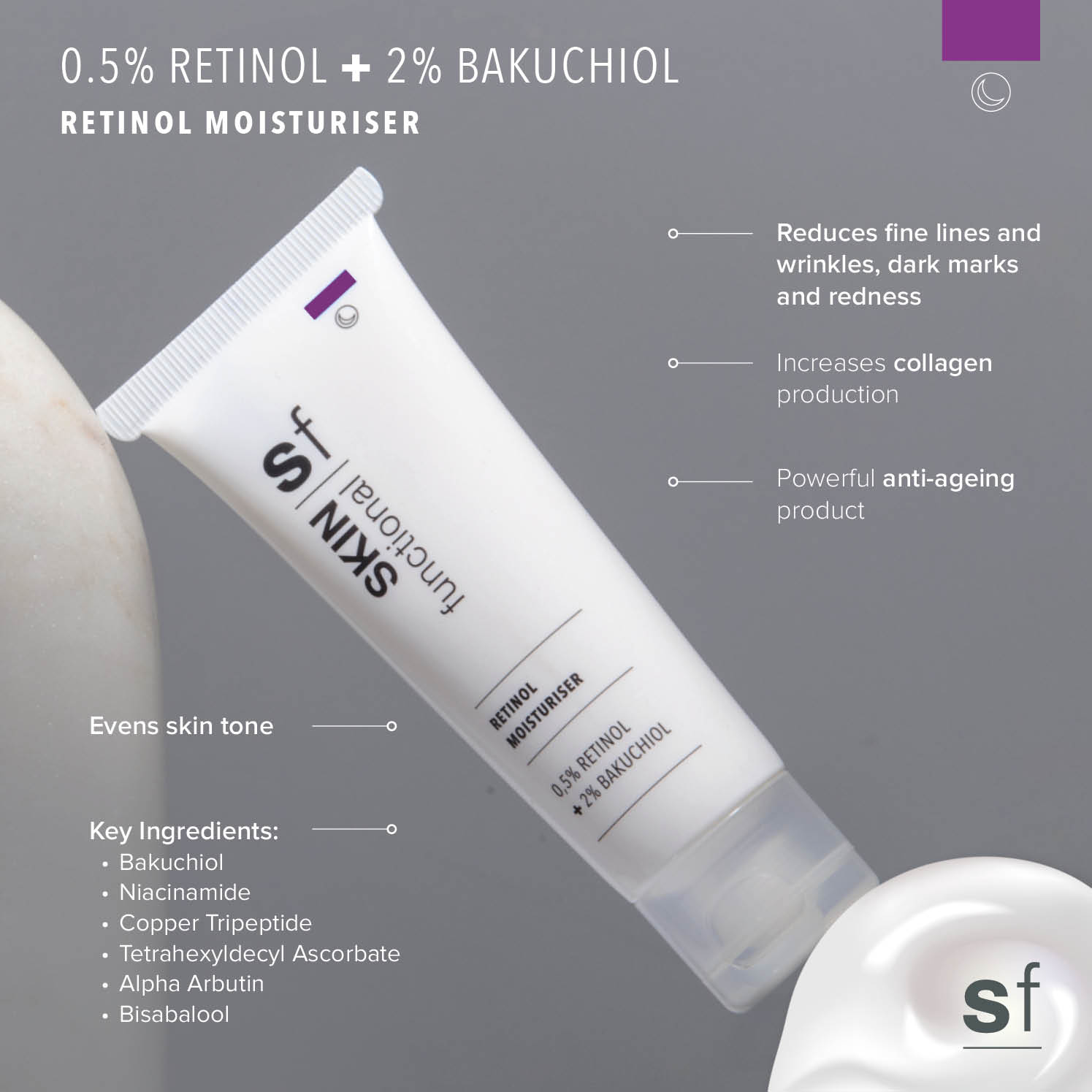 SKIN Functional Retinol Moisturiser with details skincare product on a light gray background