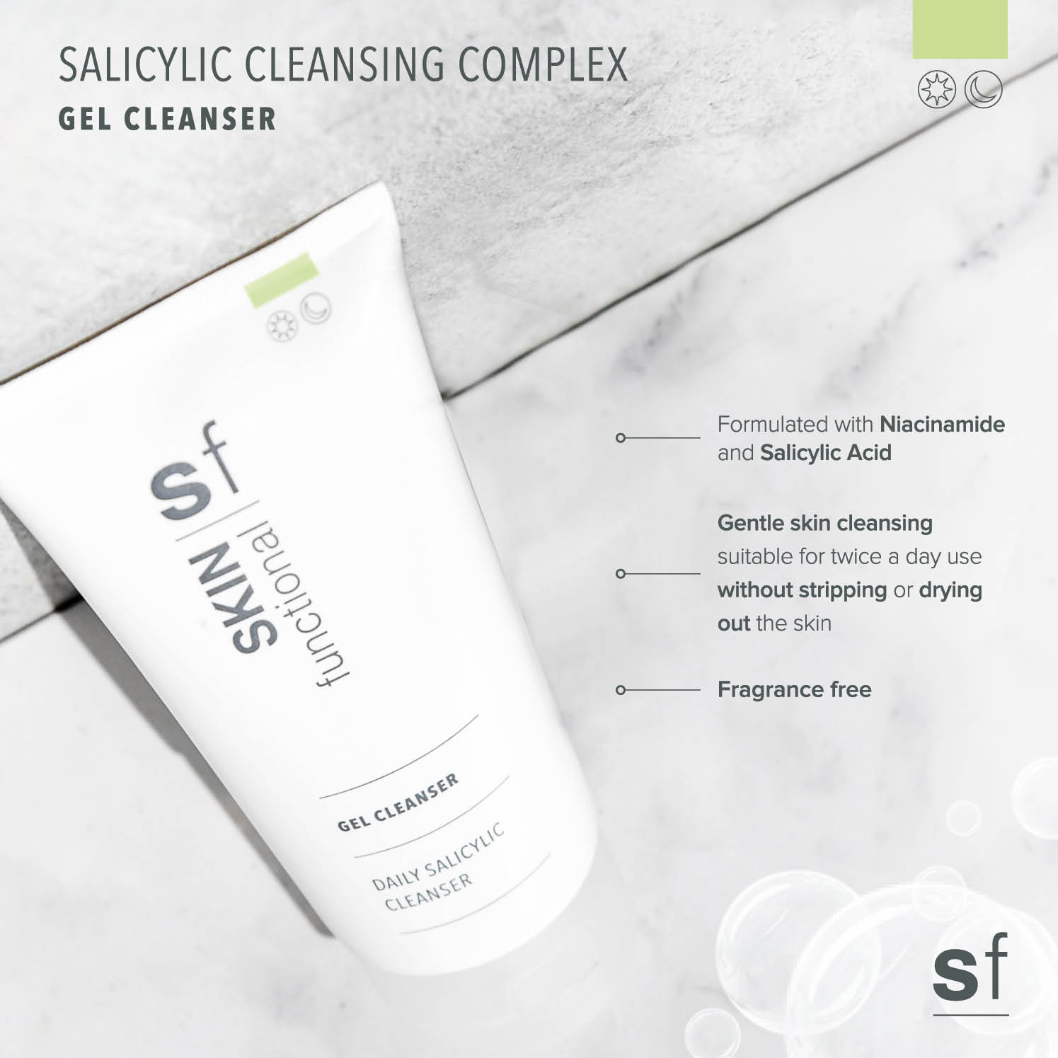 SKIN Functional Salicylic Cleansing Complex Gel Cleanser with details skincare product on a grey background