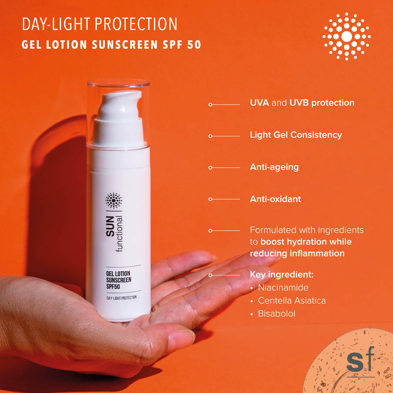 Sunscreen gel lotion with hand holding it on an orange background