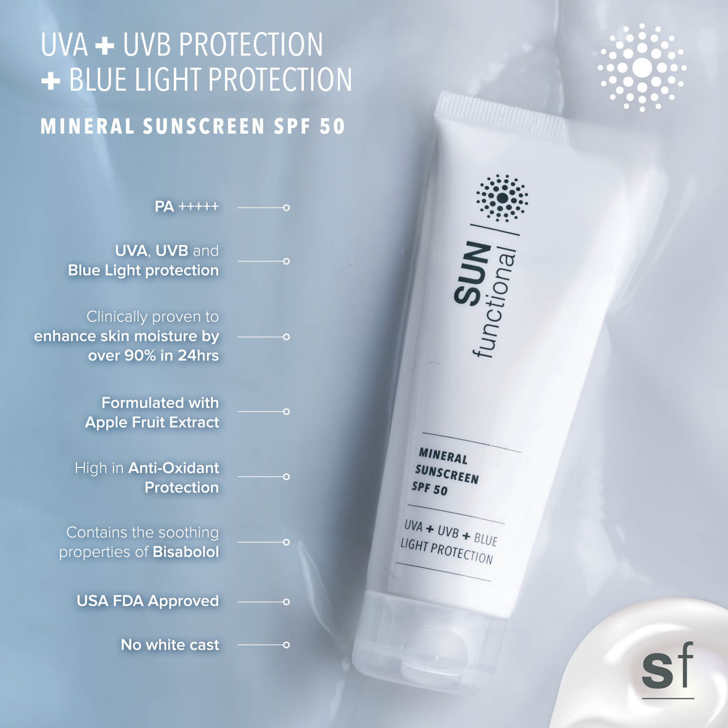 SKIN Functional Mineral Sunscreen SPF 50 with product details skincare product on a light gray background