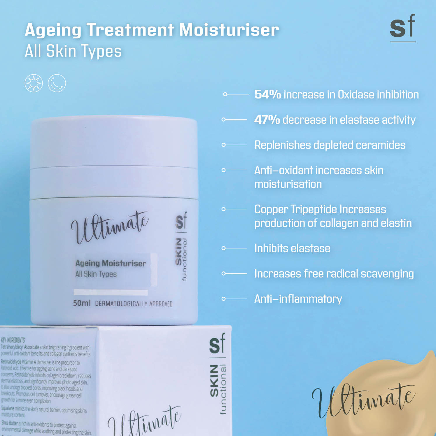 Skin Functional Ageing Treatment Tonic Moisturiser Skincare product bottle with packaging and background