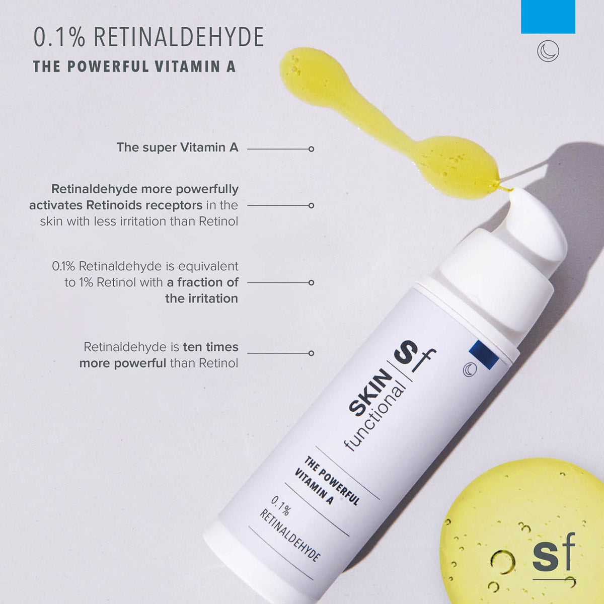 Skincare product with text about retinaldehyde and vitamin A on a light background