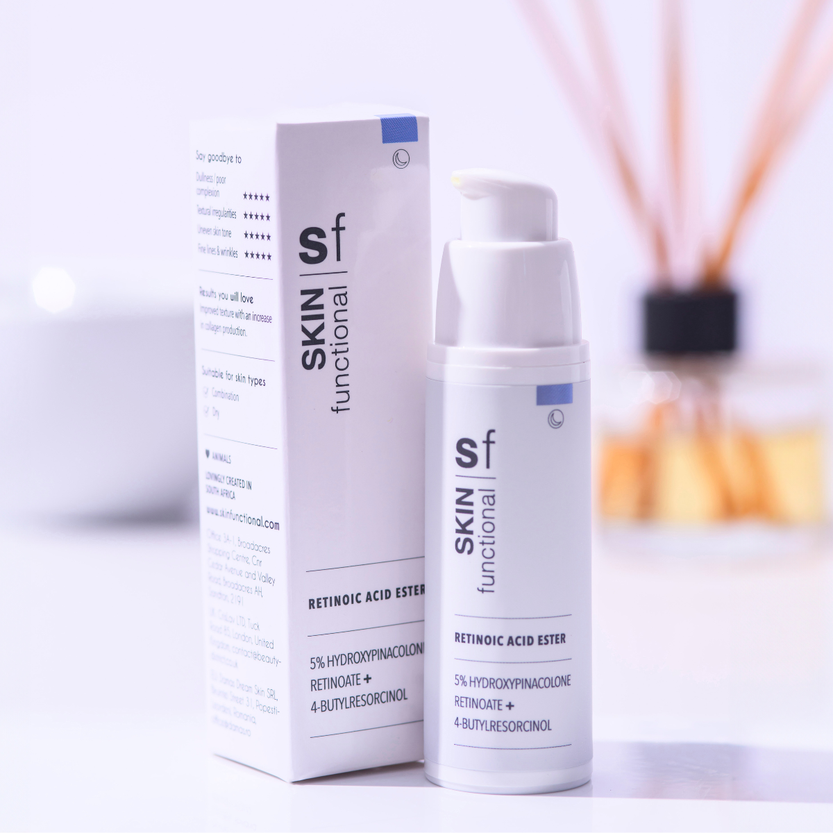 Skin Functional Retinoic Acid Ester Skincare product bottle with packaging and background