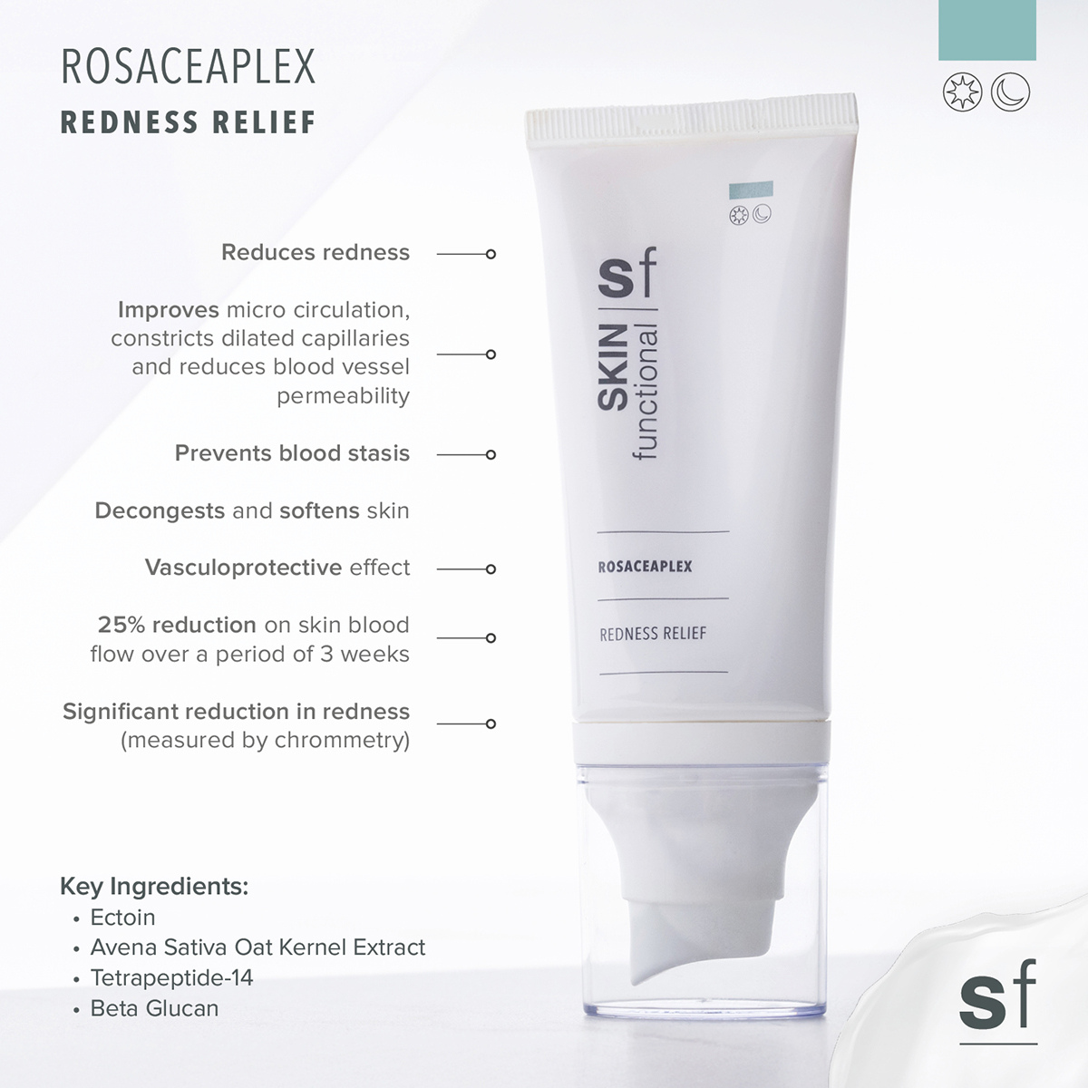 Rosaceaplex redness relief product with features and ingredients listed on a white background